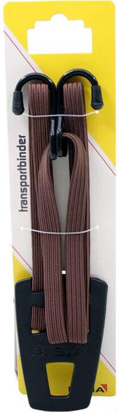 Bruine transportbinder met haken en zwarte houder.
