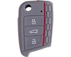 Siliconen Sleutelcover Sport - Grijs Sleutelhoesje - Geschikt Voor Volkswagen Polo / Golf / 2014 - 2021 / Seat Leon / Seat Ibiza / Golf GTI / Golf R / Golf 7 / Skoda - Rode Accenten - Sleutel Hoesje Keycover - Auto Accessoires