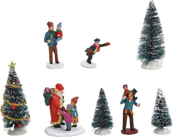 8x stuks kerstdorp accessoires figuurtjes/poppetjes en kerstboompje - Kerstdorp onderdelen kerstversiering