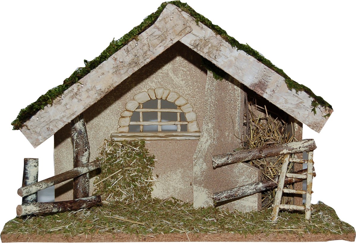 Crèche vide en bois et liège avec tuiles et barrière 42 x 18 x 28