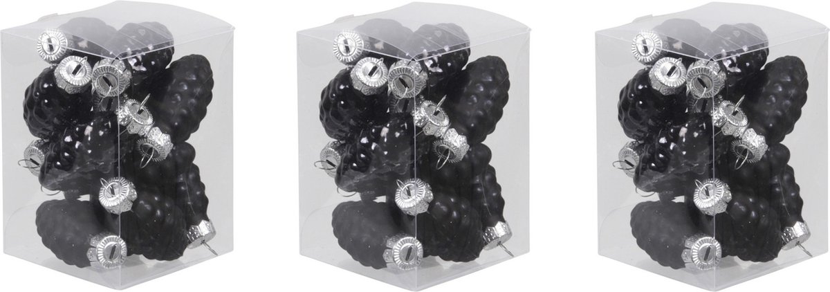 36x Dennenappel kersthangers/kerstballen zwart van glas - 6 cm - mat/glans - Kerstboomversiering