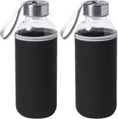 4x Stuks glazen waterfles/drinkfles met zwarte softshell bescherm hoes 420 ml - Sportfles - Bidon