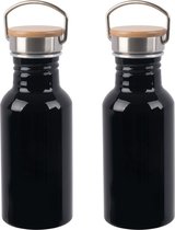 Bouteille d'eau / gourde en aluminium 2x Pièces noir avec bouchon à vis en bambou 550 ml - Gourde de sport - Bidon