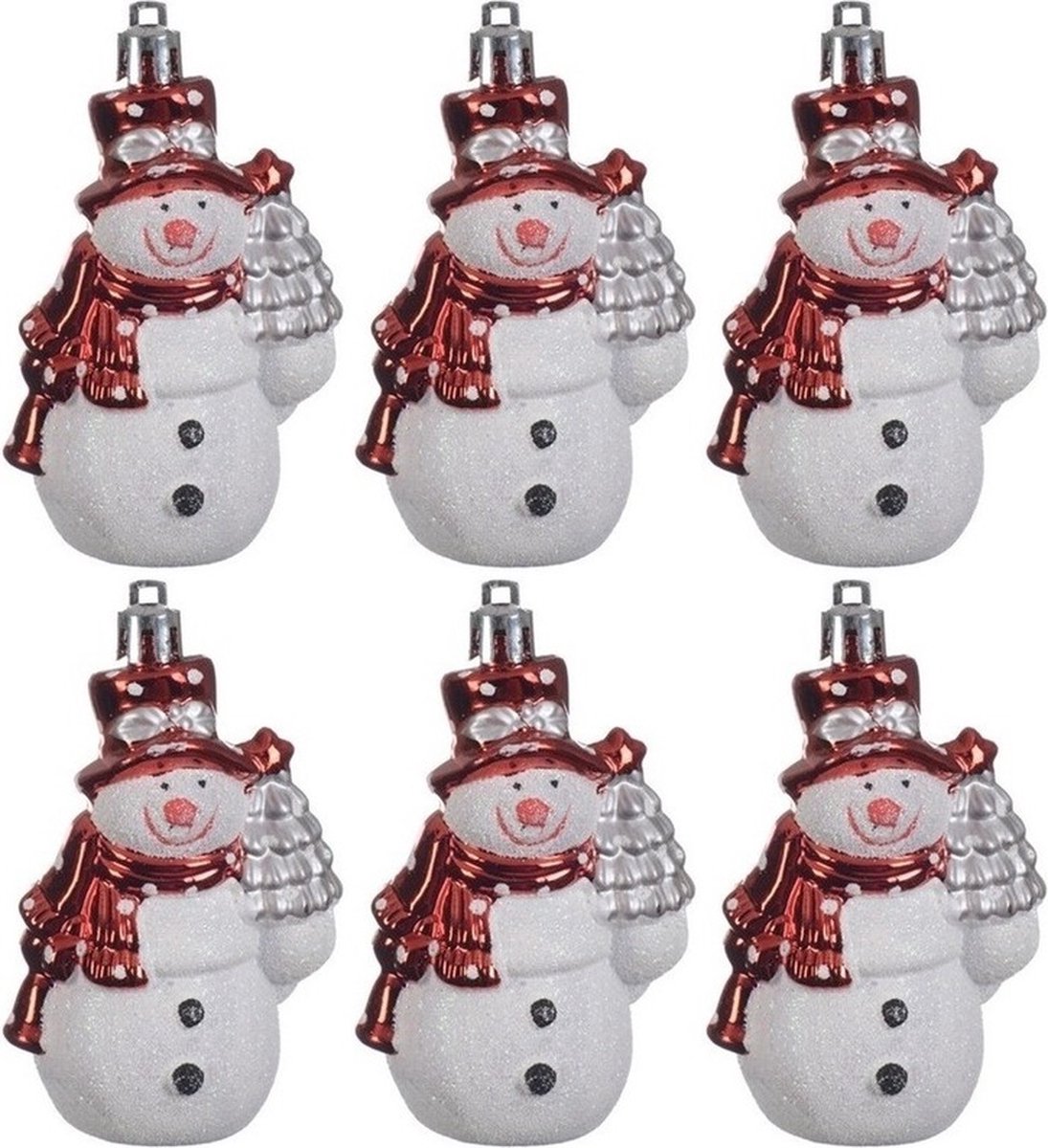Kersthangers sneeuwpoppen in onbreekbaar materiaal, set van 6, 8 cm groot, perfecte kerstornamenten.