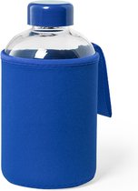 Glazen waterfles/drinkfles met blauwe softshell bescherm hoes 600 ml - Sportfles - Bidon
