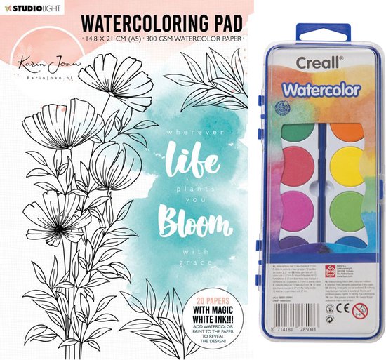 Studio Light Watercoloring Pad/blok A5 - With magic white ink!!! + Creall-watercolor assortiment