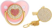 Fopspeen met clip- Hart fopspeen- Hart - 0 - 18 Maanden - Roze / Goud - Silica gel - Luxe fopspeen met diamanten - Baby geschenk
