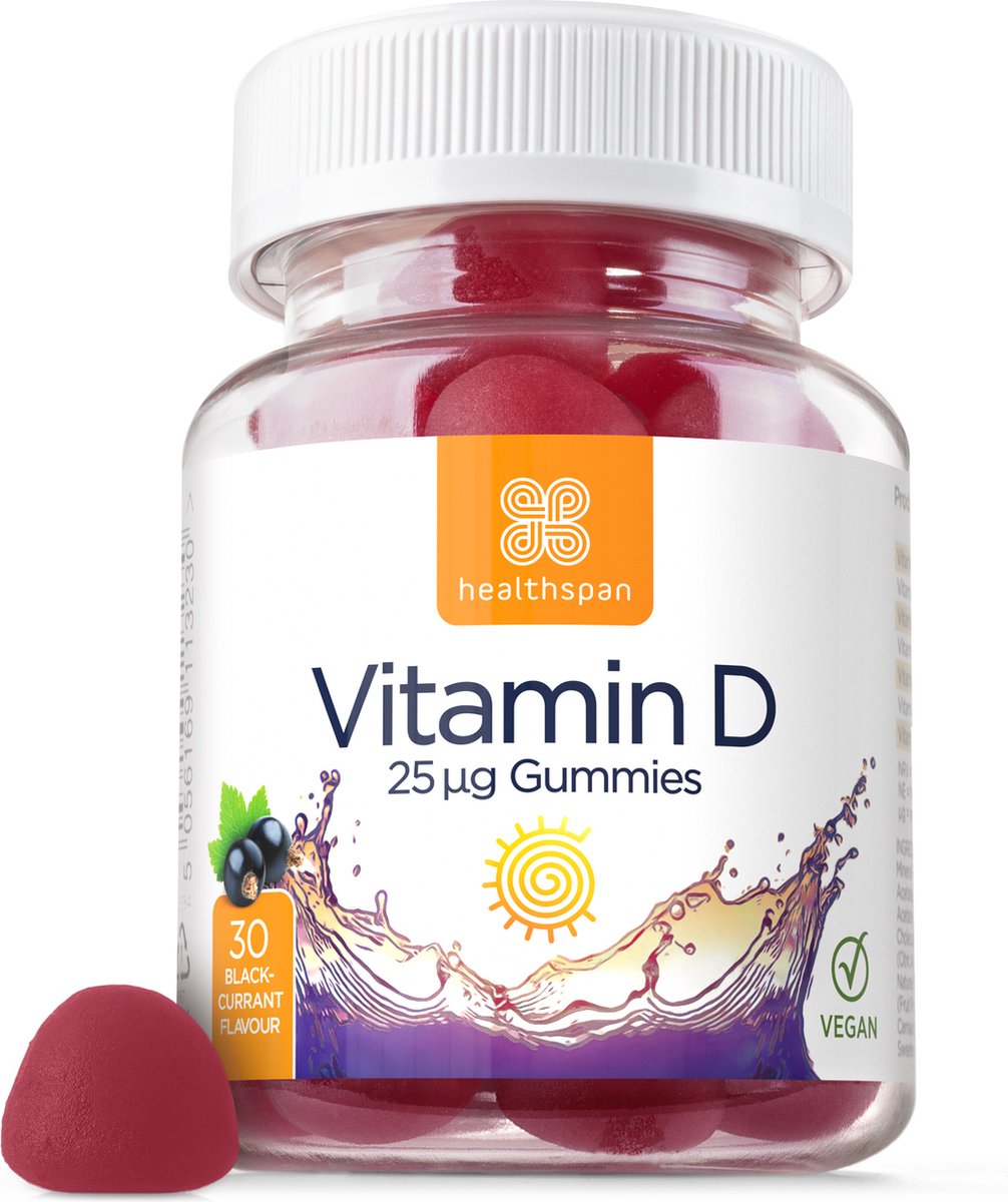 Healthspan Vitamine D Gummies | 25μg | 30 Gummies | Ondersteunt immuniteit, bot, tanden en spiergezondheid | Zonder toegevoegde suiker | Zwarte bessensmaak | Veganistisch