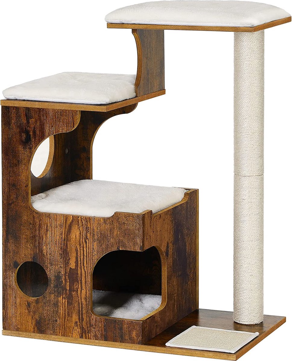 TA Design Krabpaal 86 cm, middelgrote kattenkrabpaal met 3 ligvlakken en holten, kattenboom van MDF met houtfineer, sisalstam, wasbare kussens van pluche, vintage bruin-wit