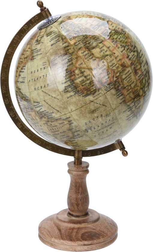 Foto: Decoratie wereldbol globe beige op mangohouten voet standaard 23 x 38 cm wereldbal landen contintenten topografie in het engels woonaccessoires woondecoraties