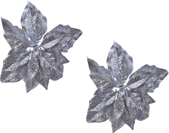 2x stuks decoratie bloemen kerststerren zilver glitter op clip 23 cm - Decoratiebloemen/kerstboomversiering