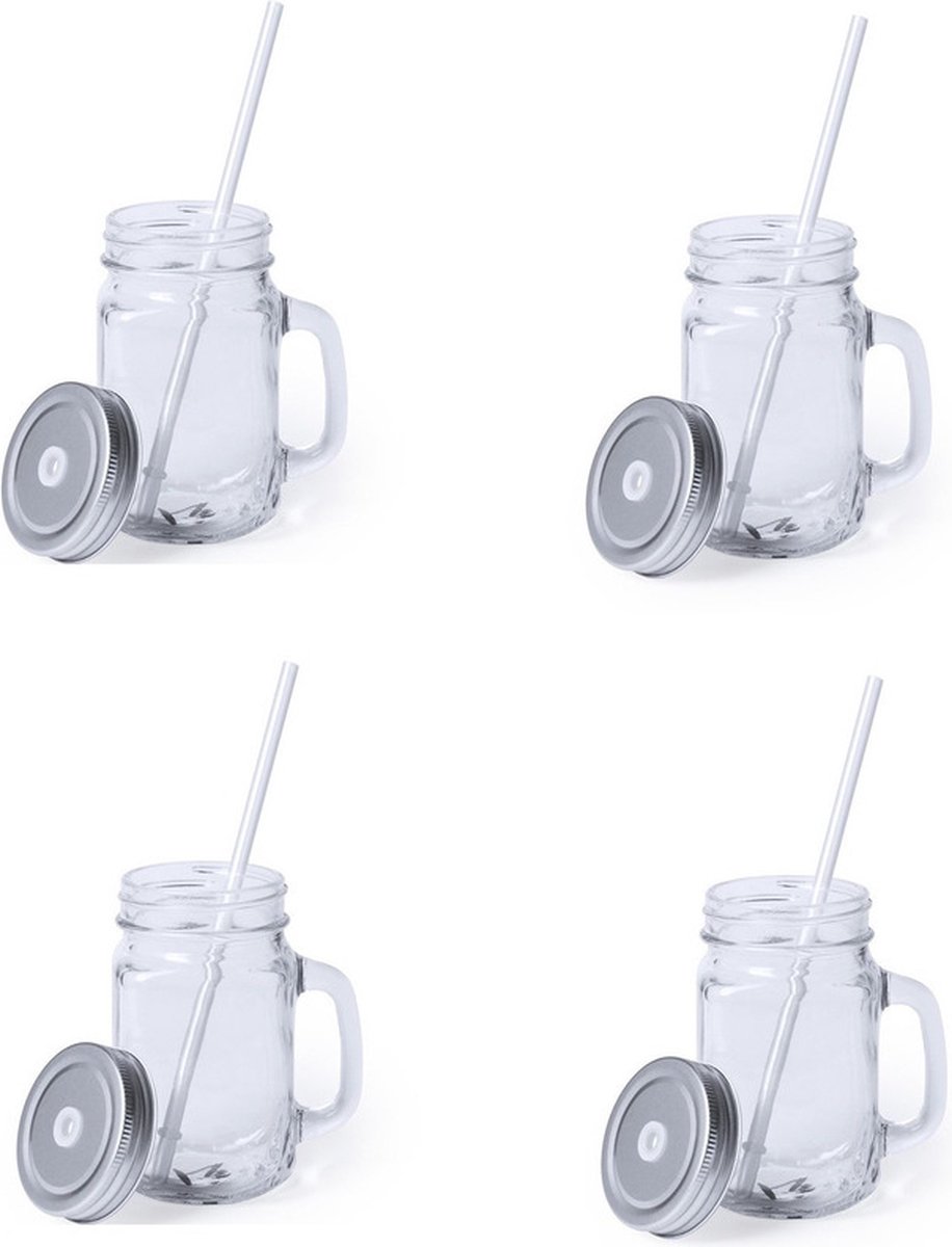 Goedkoopste 4x stuks Glazen Mason Jar drinkbekers - zilvergrijze dop en rietje - 500 ml