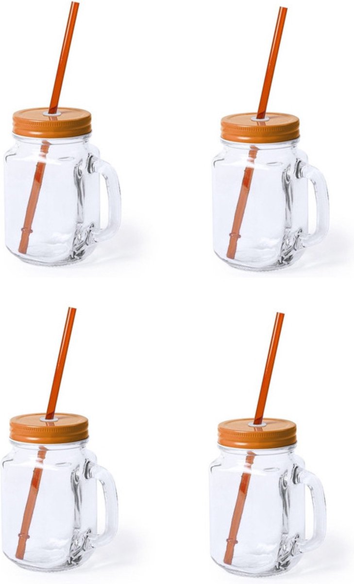 Goedkoopste Mason Jar drinkbekers - 4x stuks - glas - dop oranje met rietje - 500 ml - afsluitbaar - fruit shakes