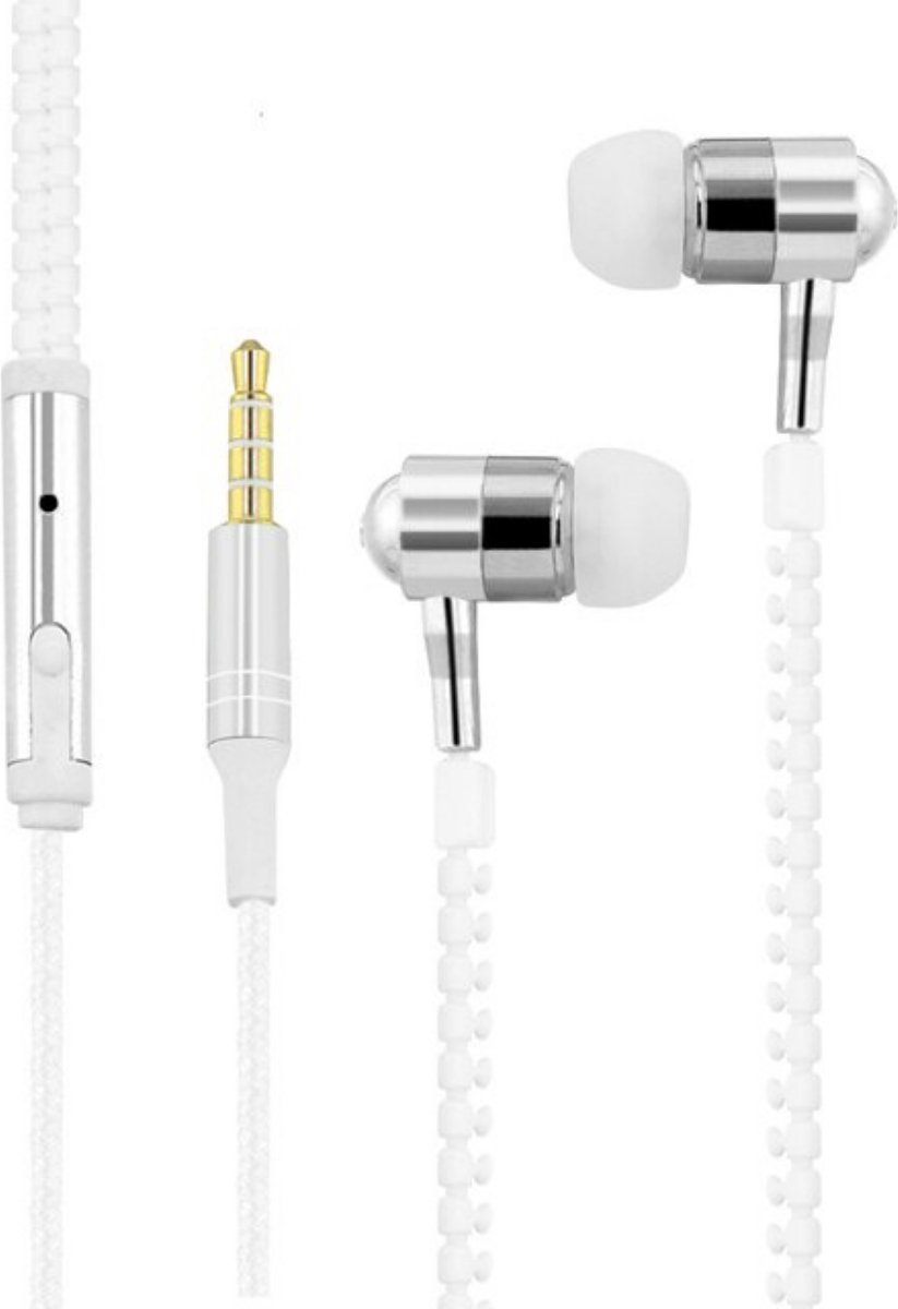 Koptelefoon met ritssluiting - Basmonitor - Metalen in-ear Hoofdtelefoons met microfoon voor MP3, mobiele telefoons en pc - Wit