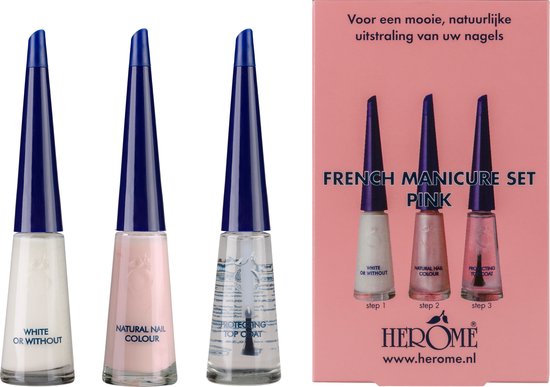 Herome French Manicure Set Roze - Nagelverzorging - Nude en Witte Nagellak - met Top Coat - 3x10ml