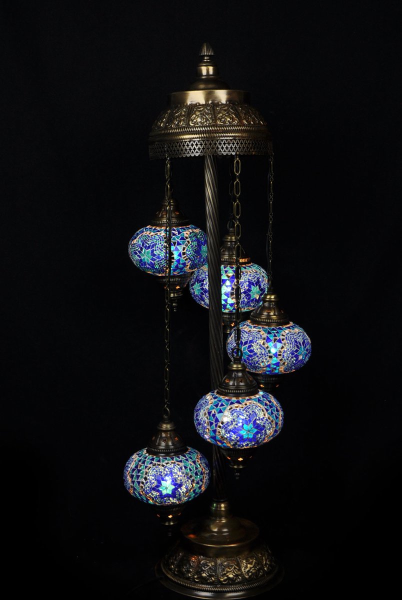 Turkse lamp - Oosterse lamp - Staande lamp - Blauw- 5 bollen - mozaïek