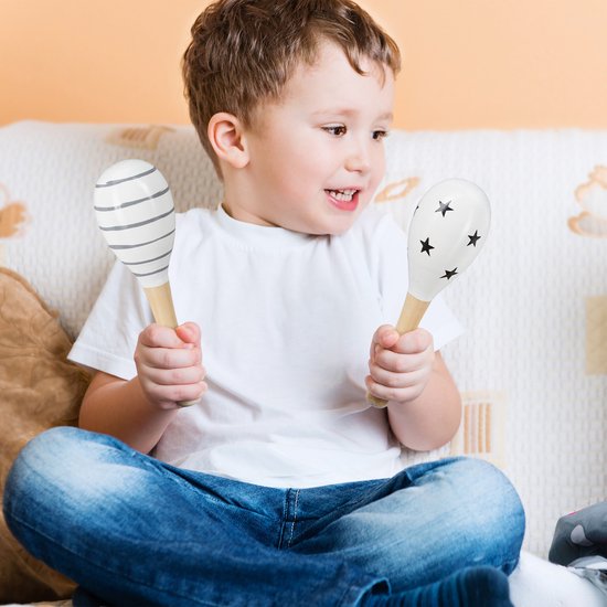 Relaxdays 6x sambabal voor kinderen maracas hout rammelaar wit