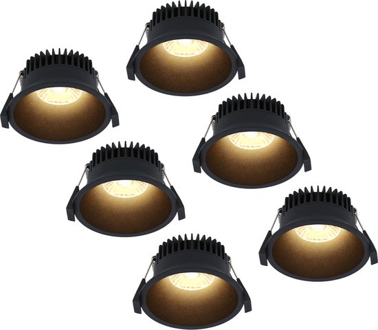 HOFTRONIC - Set van 6 Finn LED Inbouwspots Zwart Dimbaar - Badkamer Spotjes IP44 - Platte inbouwspots met kleine inbouwdiepte (49mm) - Groot (90mm) - 10W 900lm - 3000K warm wit licht - Voor buiten, woonkamer en slaapkamer