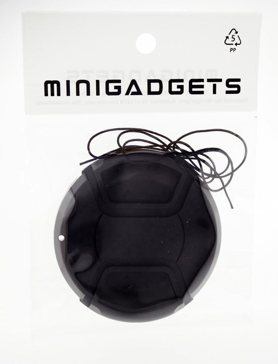 Zwarte lensdop met koord in verpakking van Minigadgets.