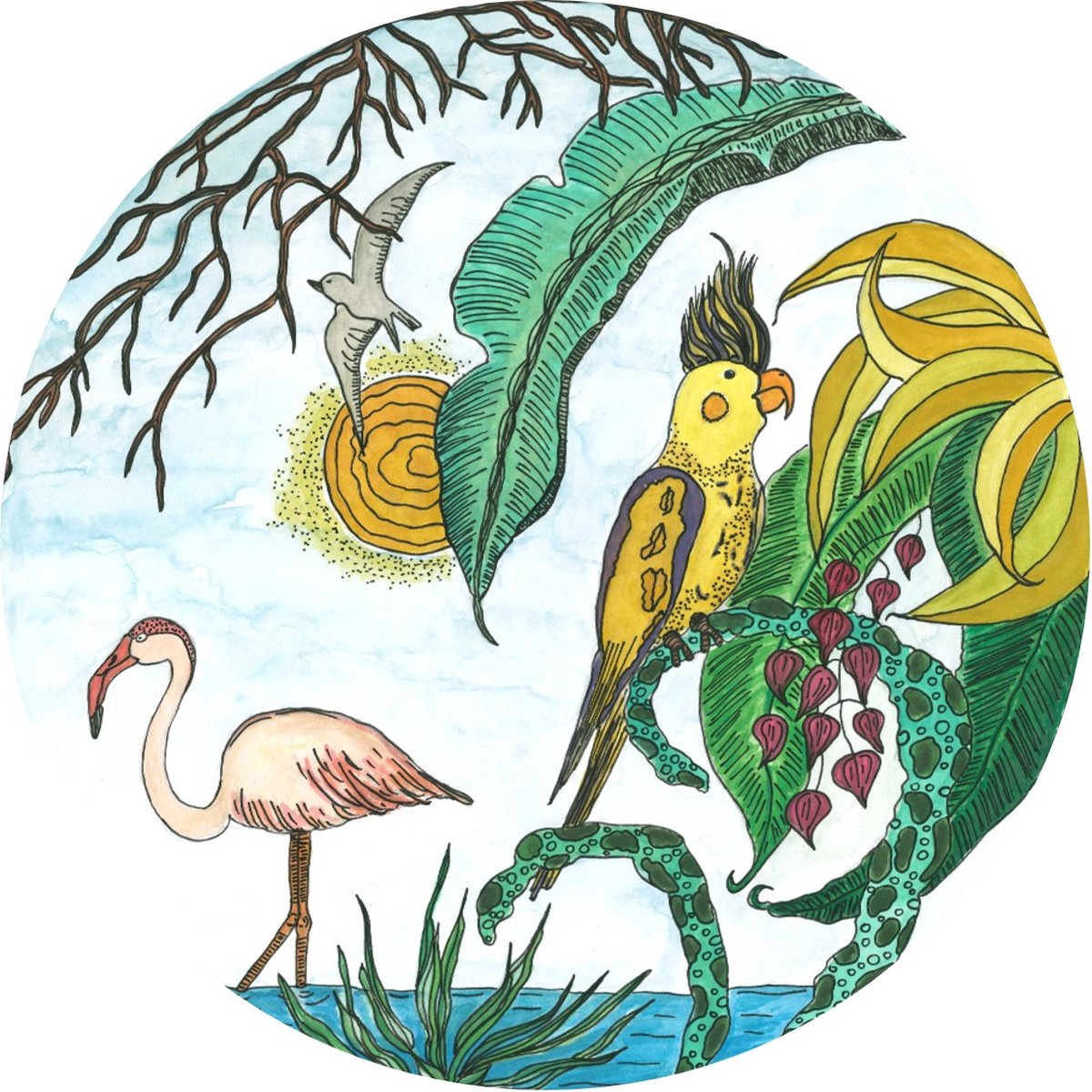 Pure Prints - Behangcirkel Flamingo - Unieke handgetekende/geschilderde print - Ø145 cm
