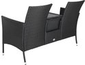 Zijaanzicht van de zwarte polyrattan bank met twee zitplaatsen en een middelste tafel/opbergruimte.