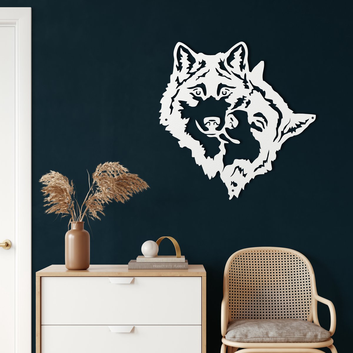 Wanddecoratie | Wolf Hoofd / Wolf Head | Metal - Wall Art | Muurdecoratie | Woonkamer | Buiten Decor |Wit| 44x44cm