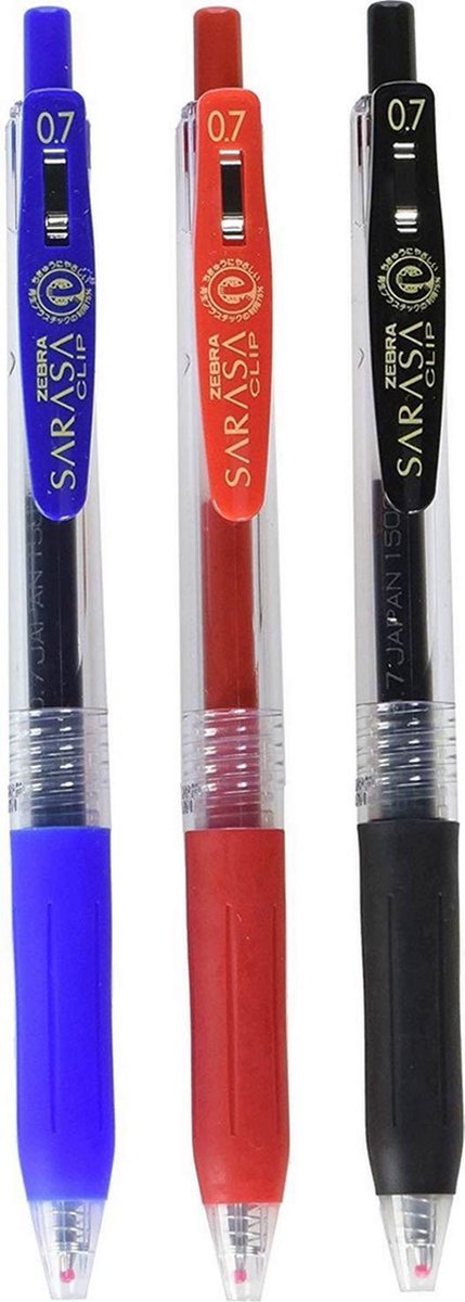 Gel Inkt Pennen Zebra Sarasa 07, 01, set van 4. Ink Kleuren Goud, Blauw, Rood en Zwart verpakt in een handige Zipperbag