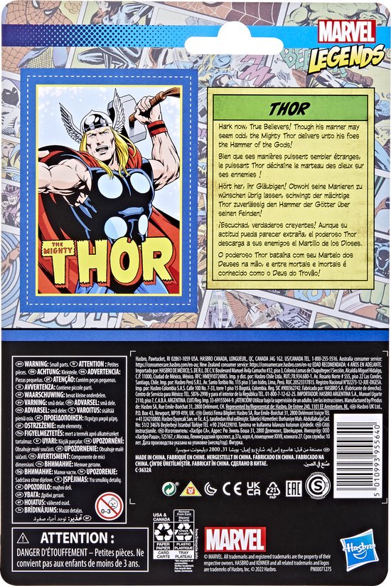 Achterkant van Thor actiefiguur verpakking met speelgoedinformatie en waarschuwingen.