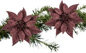 Kerstboom bloemen op clip - 2x stuks - donkerrood - kunststof - 18 cm