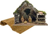 Complete houten kerststal inclusief Jozef, Maria en Jezus beelden en ondergrond - Kerststalletjes