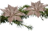 Kerstboom bloemen op clip - 2x stuks - roze glitter - kunststof -18 cm
