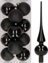 12x Zwarte kunststof kerstballen met glazen piek glans - Kerstversiering