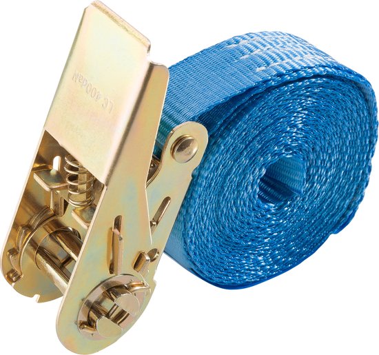 Blauwe spanband met ratelmechanisme, opgerold.
