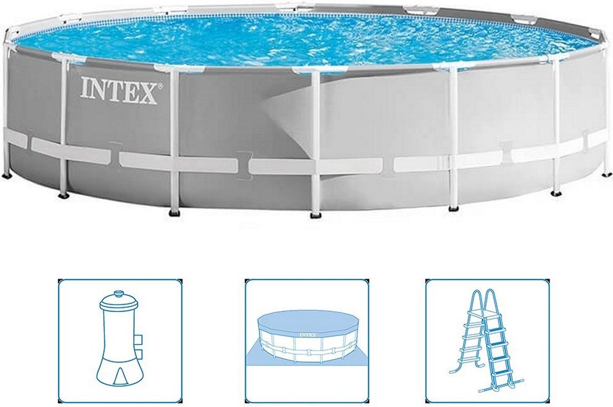 Intex 26720GN Prism Frame Zwembad 427x107 cm + Filterpomp en Trap + Accessoires Grijs