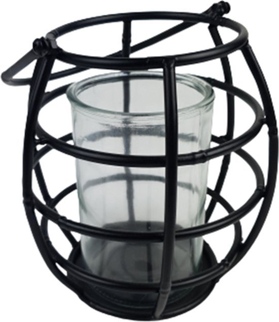 Windlicht met stalen hendel - Zwart / Transparant - Glas / Metaal - 18 x 19,5 x 18 cm - Industrieel - Interieur - Design - Windlicht