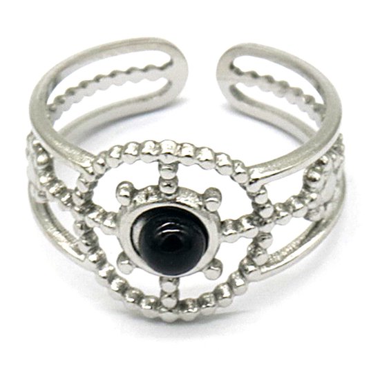 Ring met Steen - RVS - One Size - Agaat Zwart - Zilverkleurig