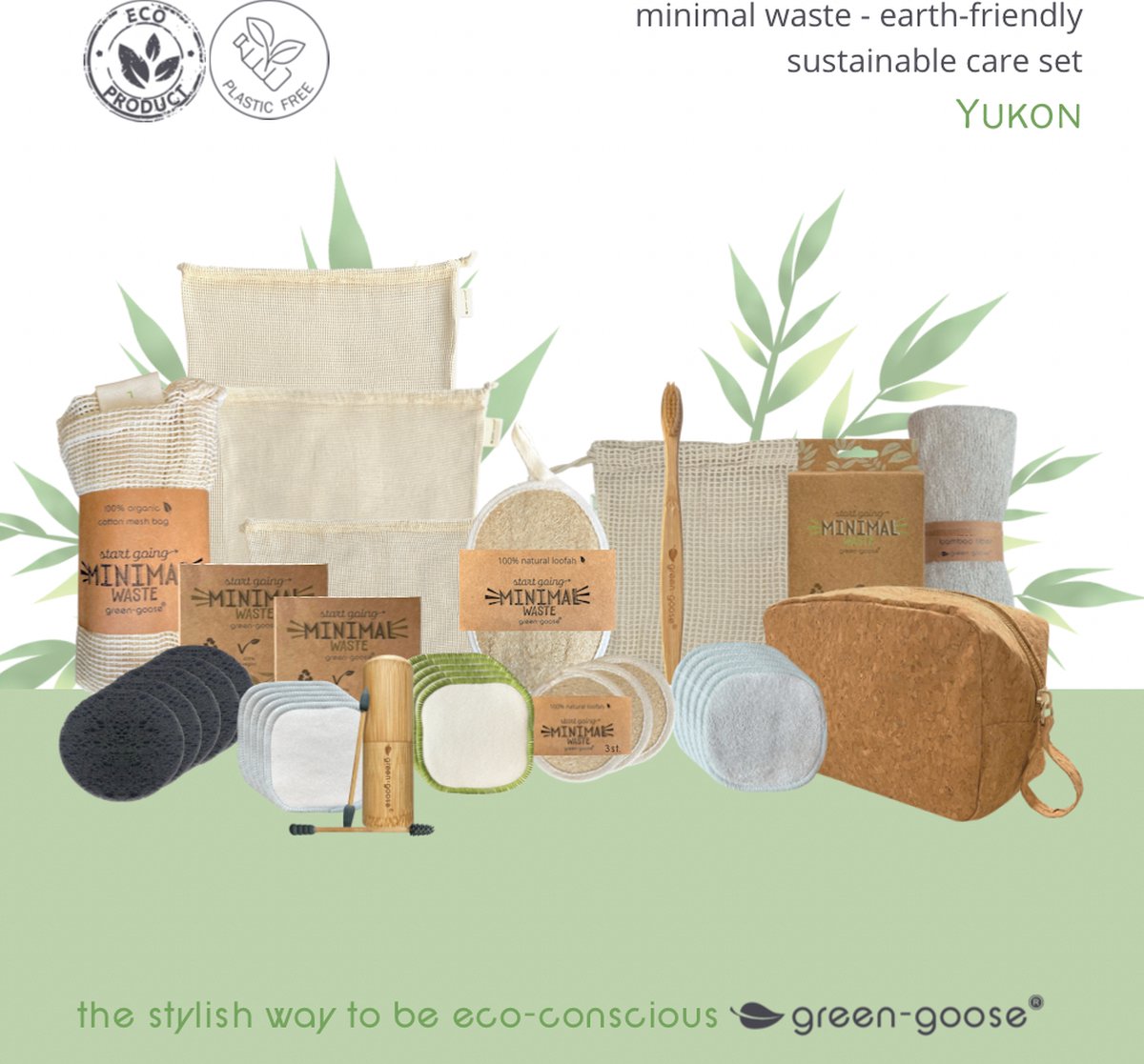 green-goose® Duurzaam Verzorgingspakket Yucon | 5-delig | 10 Herbruikbare Wattenschijfjes | Hennepvezel Gezichtreinigingsdoekjes | Kurk Make-up Etui