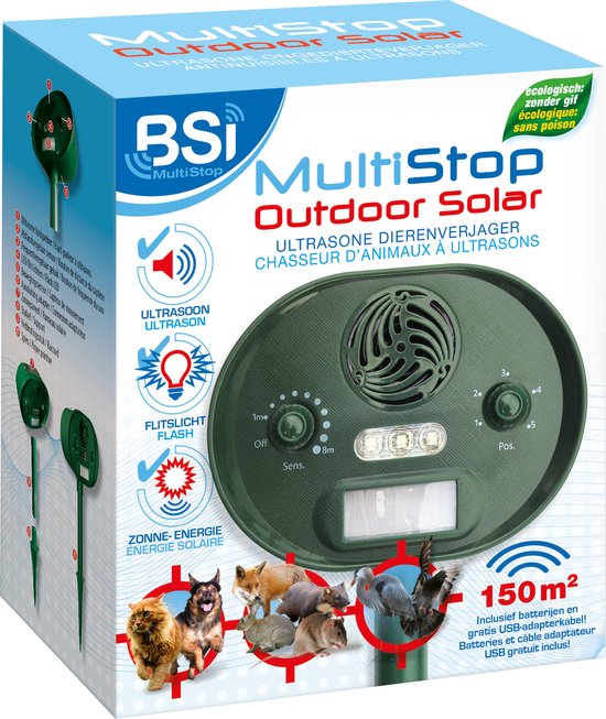 BSI - Multistop Outdoor Solar - Dierenverjager met dubbele werking op zonne-energie - Ultrasoon + flitslicht - Voor het verjagen van katten, honden, wild en vogels - Bereik tot 150 m²