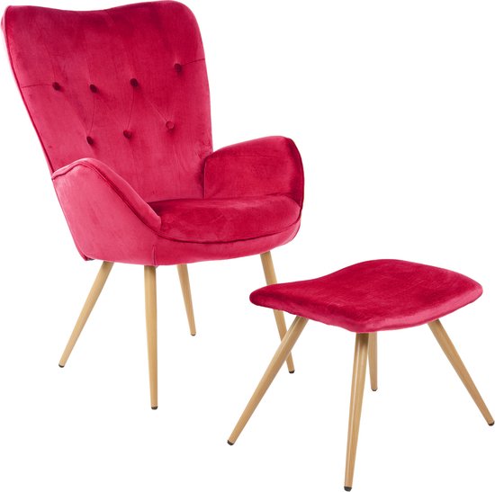 Albatros Wing Chair met Krukje York - Vintage u Stijlvol, Fluwelen Bekleding - Elegante en SGS Goedgekeurde Leesstoel of Relaxstoel met Krukje in Moderne Look
