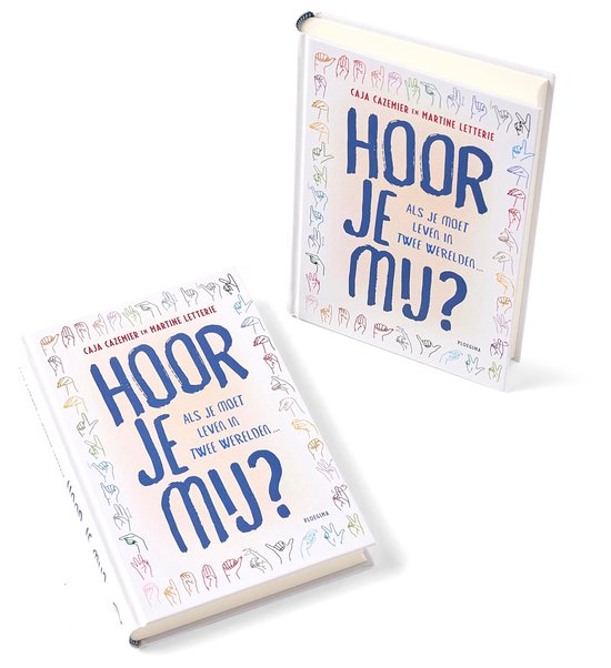 Twee boeken met de titel 'Hoor je mij?' op de voorkant, met handgebaren in kleur rondom de titel.