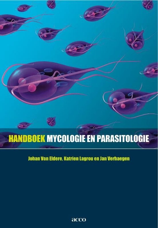 Voorpagina van 'Handboek mycologie en parasitologie' met paarse parasieten op een blauwe achtergrond.