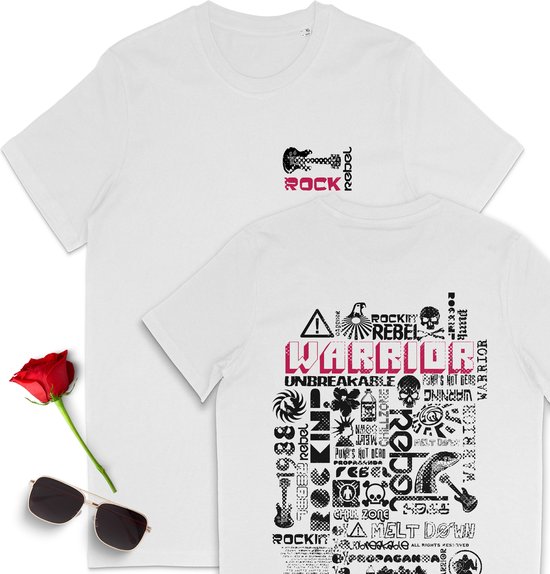 T shirt Rock Rebel - Rock muziek tshirt dames en heren - Vrouwen, mannen t-shirt met rug print en voorkant logo print- Unisex maten: S t/m 3XL - Shirt kleur: wit.