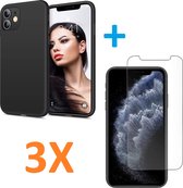 Soft TPU Zwart hoesje Silicone Case + 3 stuks Glas Screenprotector -  Geschikt voor: iPhone 12 Pro