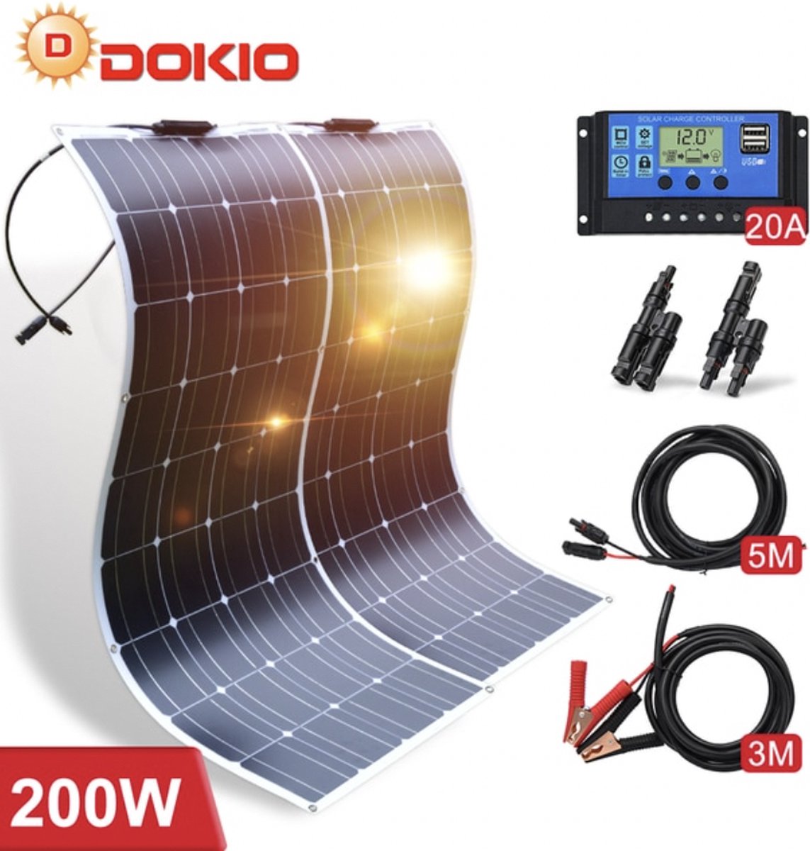Dokio® Zonnepanelen Compleet Pakket 18V 200W 20A - Met 2 Zonnepanelen - Flexibele zonnepanelen