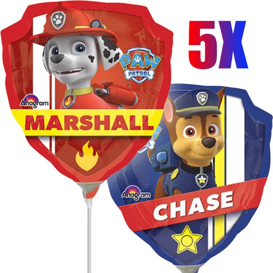 PAW Patrol Marshall & Chase Ballonnen Verjaardag Themafeest Set (5 stuks) (Inclusief ballonstokje en ballonhoudertje)