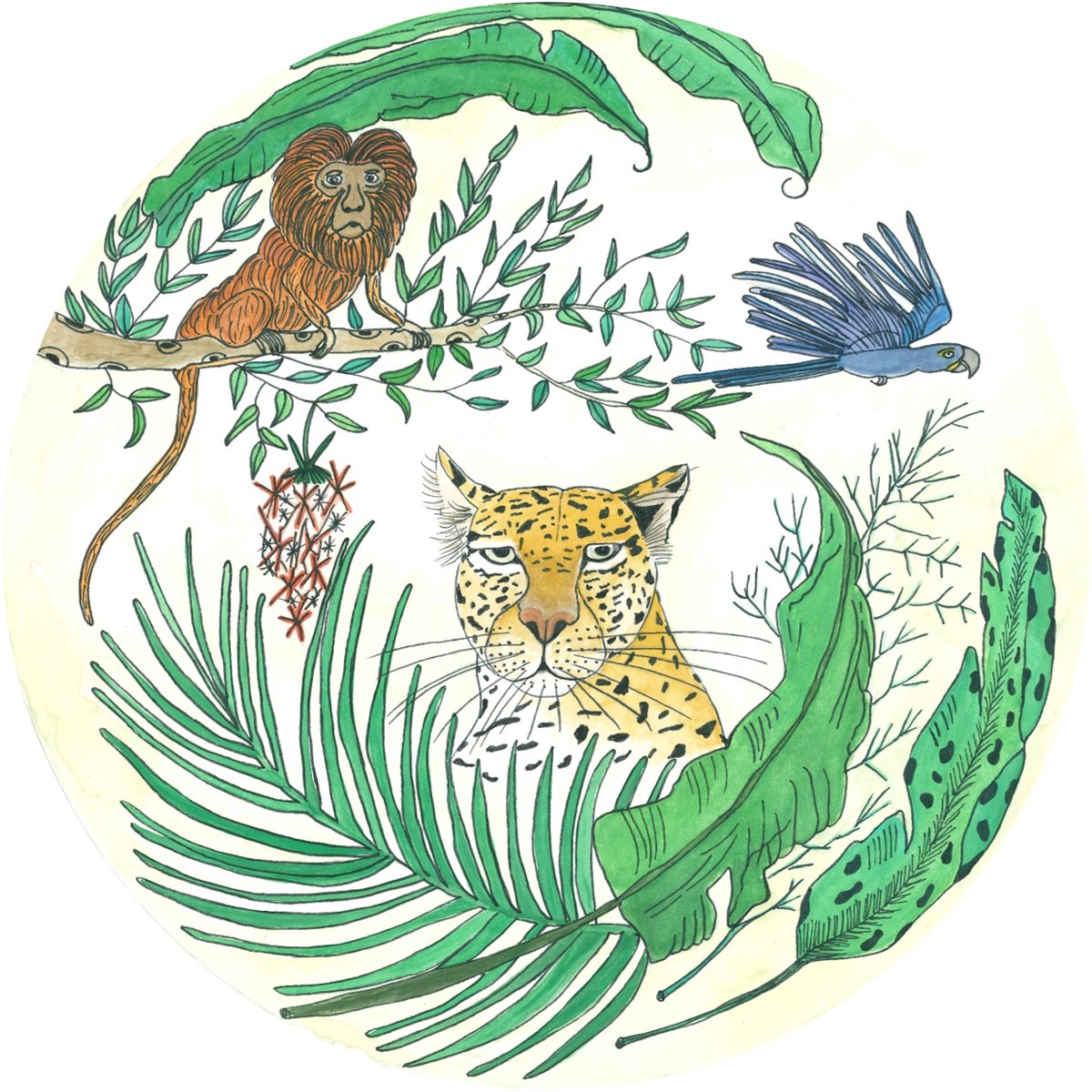 Pure Prints - Behangcirkel Amazone - Unieke handgetekende/geschilderde print - Ø90 cm