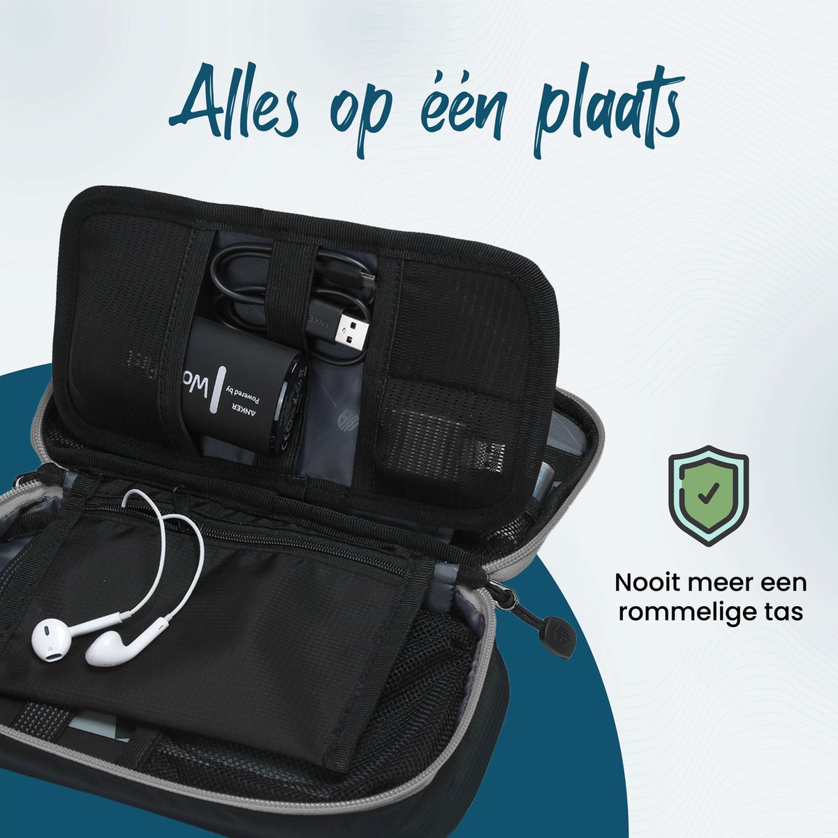 Arae Elektronische accessoireorganizer, kabeltas met dubbellaagse opbergruimte voor kabels, kaarten, opladers, telefoons, hoofdtelefoons, Zwart, S, Koffer organizer
