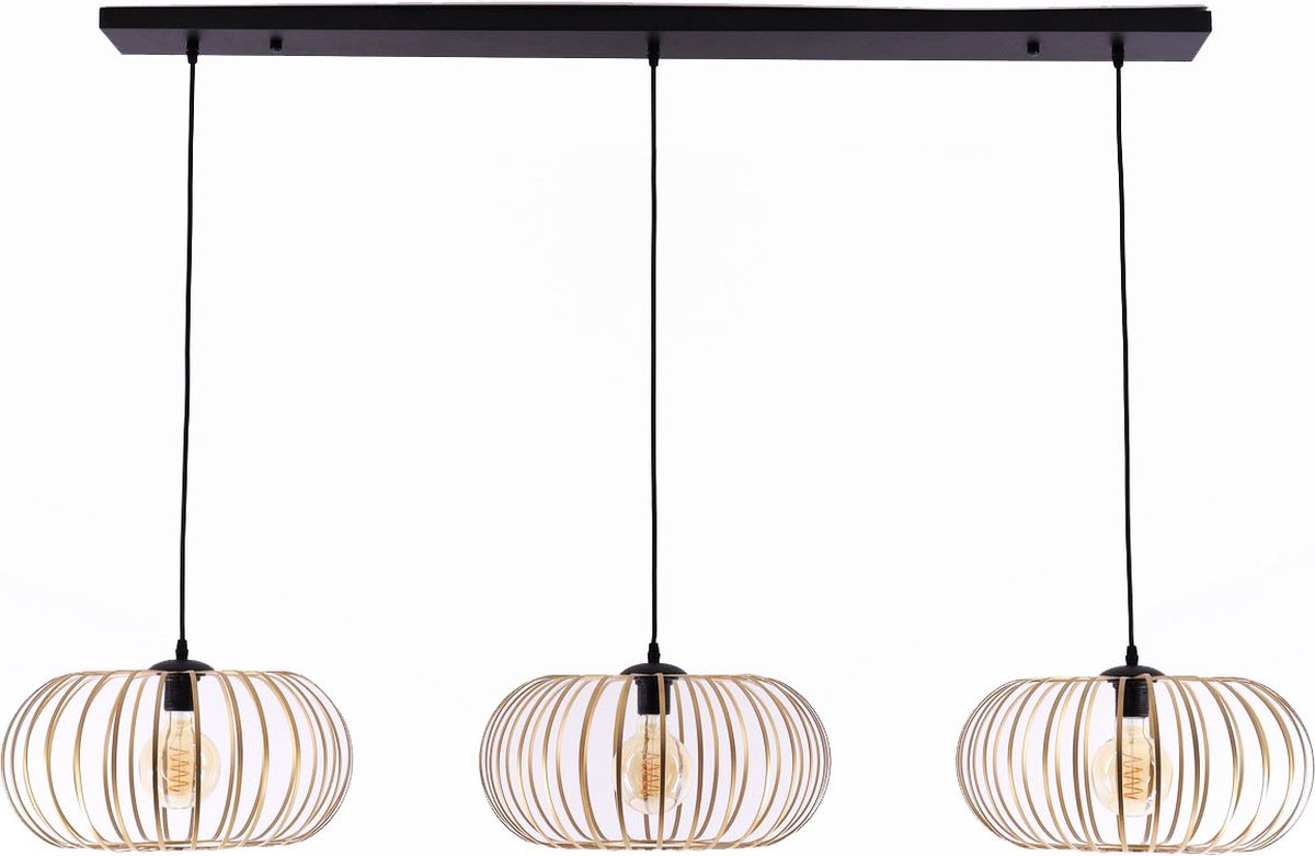 Hanglamp Ribby - mat zwart 3 gouden hangers kappen - 3xE27 - 150cm