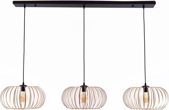 Hanglamp Ribby - mat zwart 3 gouden hangers kappen - 3xE27 - 150cm
