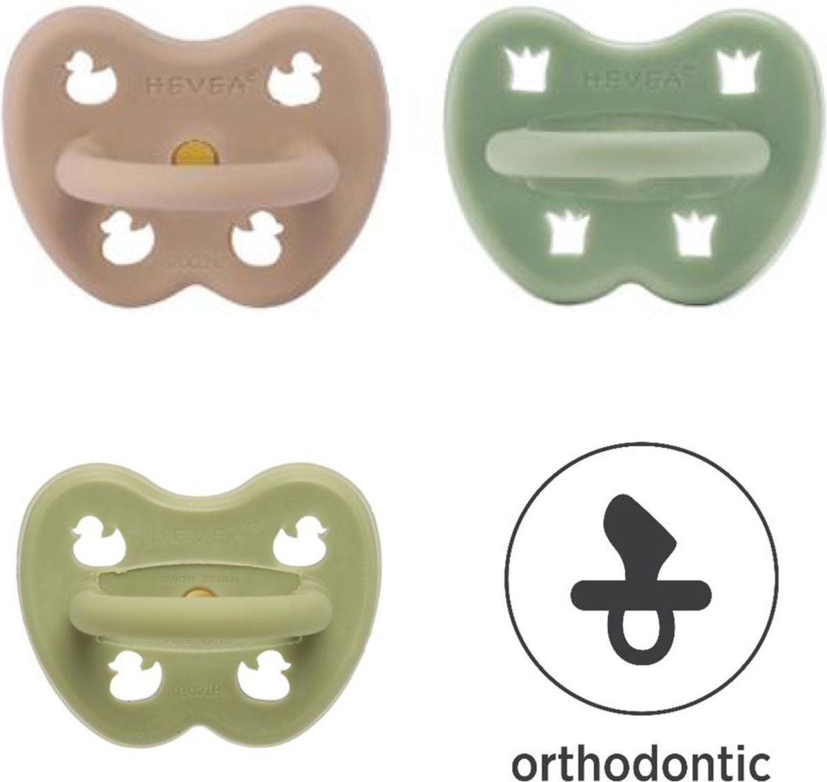 Hevea | Orthodontisch 3-36 maand | Hunter green, Tan beige, Moss green  | 100 % natuurrubber | eendjes | kroontjes